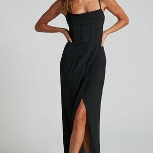 ANDRINA MIDI DRESS - HIGH LOW WRAP CORSET DRESS IN BLACK